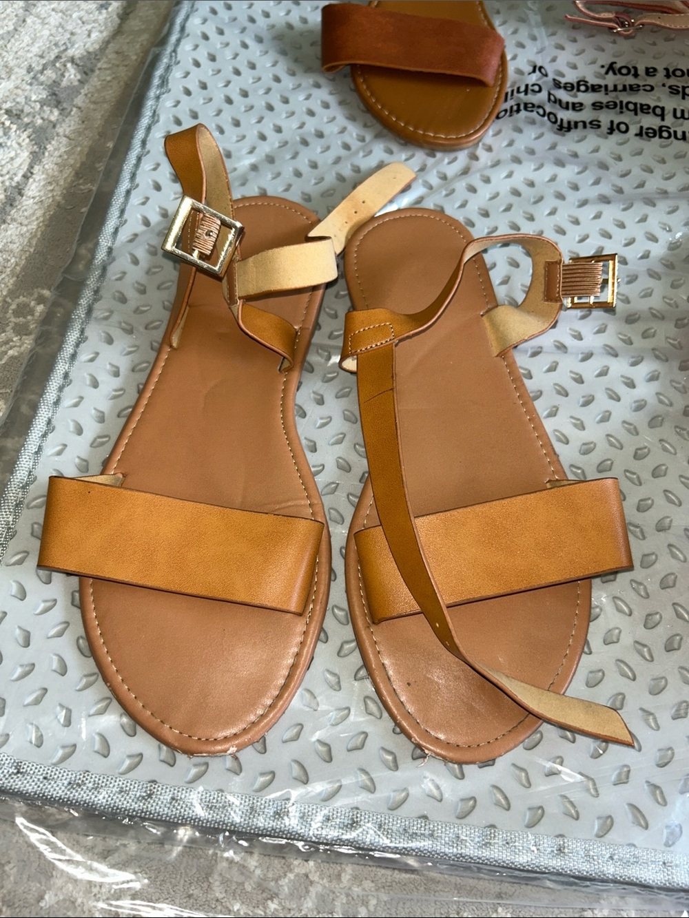 Women’s Tan Leather-Look Ankle Strap Sandals